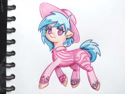 Size: 4080x3060 | Tagged: safe, imported from derpibooru, oc, pony, pony town, art trade, blue mane, clothes, colored pencil drawing, fancy, female, hat, lidded eyes, marker drawing, solo, traditional art, trotting