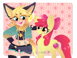 Size: 5329x4010 | Tagged: safe, artist:darkjillmlp123, imported from derpibooru, apple bloom, earth pony, human, pony, absurd resolution, beanbrows, clothes, crossover, duo, eye clipping through hair, eyebrows, fingerless gloves, gloves, human and pony, joy, mobile legends, shorts, wide hips