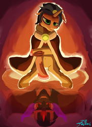Size: 2000x2765 | Tagged: safe, artist:tazool, imported from derpibooru, king sombra, crystal pony, pony, unicorn, duality, fable, foreshadowing, good king sombra, male, reflection, the crystal empire 10th anniversary, water