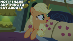 Size: 1280x720 | Tagged: safe, edit, edited screencap, editor:quoterific, imported from derpibooru, screencap, applejack, earth pony, pony, 28 pranks later, bed, female, mare, solo, text, text edit