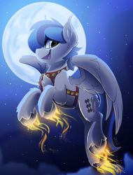Size: 1900x2500 | Tagged: safe, artist:starcasteclipse, imported from derpibooru, part of a set, oc, oc only, oc:kezzie, pegasus, pony, commission, female, flying, glowing, glowing hooves, harness, jingle bells, mare, moon, night, smiling, solo, tack, ych result