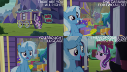 Size: 4400x2475 | Tagged: safe, edit, edited screencap, editor:quoterific, imported from derpibooru, screencap, starlight glimmer, trixie, pony, unicorn, road to friendship, female, glowing, glowing horn, gritted teeth, horn, luggage, magic, magic aura, mare, messy mane, open mouth, smiling, teeth, telekinesis, trixie's wagon, wagon