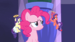 Size: 520x293 | Tagged: safe, imported from derpibooru, screencap, pinkie pie, rarity, earth pony, pony, unicorn, the saddle row review, angel, angel rarity, animated, devil, devil rarity, female, haylo, mare, pitchfork, shoulder angel, shoulder devil, shrug