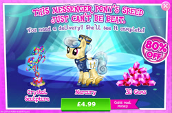 Size: 1964x1298 | Tagged: safe, imported from derpibooru, crystal pony, pony, advertisement, bag, clothes, costs real money, crystal, english, female, gameloft, gem, golden hooves (g4), hat, mailbag, mailmare, mare, my little pony: magic princess, numbers, official, sale, shirt, shoes, solo, solo focus, text