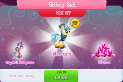 Size: 1270x850 | Tagged: safe, imported from derpibooru, crystal pony, pony, bag, bundle, clothes, costs real money, crystal, english, female, gameloft, gem, golden hooves (g4), hat, mailbag, mailmare, mare, my little pony: magic princess, numbers, official, sale, shirt, shoes, solo, solo focus, text