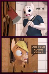 Size: 3080x4620 | Tagged: safe, artist:antonsfms, imported from derpibooru, oc, oc:nickyequeen, anthro, donkey, 3d, axe, commissioner:nickyequeen, crazy face, here's johnny, insanity, joke, knife, male, meme, movie reference, scared, source filmmaker, the shining, weapon