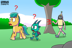 Size: 3000x2000 | Tagged: safe, artist:gradiusfanatic, imported from derpibooru, hitch trailblazer, dragon, earth pony, pony, robot, g5, male, sparky sparkeroni, stallion, tree, trio, watermark