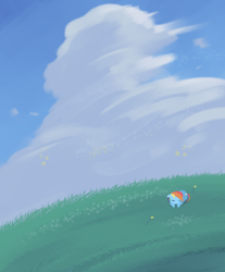 Size: 2094x2532 | Tagged: safe, artist:dusthiel, imported from derpibooru, rainbow dash, pegasus, pony, cloud, cute, eyes closed, female, grass, grass field, lying down, mare, prone, sky, sleeping, solo, tiny