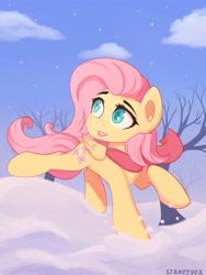 Size: 3000x4000 | Tagged: safe, artist:stravy_vox, imported from derpibooru, fluttershy, pegasus, pony, action pose, clothes, colored pupils, cute, daaaaaaaaaaaw, ear fluff, female, folded wings, high res, looking away, mare, open mouth, open smile, outdoors, raised hoof, raised leg, scarf, shyabetes, smiling, snow, solo, tree, turned head, wings, winter, winter outfit
