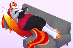 Size: 4554x2979 | Tagged: safe, artist:kerothestrange, imported from derpibooru, oc, oc:diamond sun, anthro, pegasus, unguligrade anthro, big breasts, breasts, cleavage, clothes, colored wings, commission, couch, curvy, female, gradient background, hoodie, impossibly large thighs, impossibly wide hips, leggings, long hair, long mane, long tail, mare, multicolored wings, nintendo switch, shirt, skirt, tail, thighs, thunder thighs, unshorn fetlocks, wide hips, wings