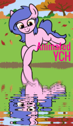 Size: 600x1035 | Tagged: safe, artist:lannielona, imported from derpibooru, oc, oc only, pony, advertisement, animated, autumn, commission, gif, reflection, river, solo, water, your character here