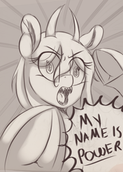 Size: 3000x4200 | Tagged: safe, artist:to_fat_to_fly, demon, demon pony, original species, pony, chainsaw man, dialogue, ear fluff, eye clipping through hair, female, frog (hoof), horns, mare, monochrome, open mouth, ponified, power (chainsaw man), sharp teeth, solo, teeth, underhoof