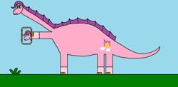 Size: 1278x622 | Tagged: safe, artist:kookaman25, artist:stevenpepi, imported from derpibooru, pipp petals, dinosaur, sauropod, 1000 hours in ms paint, amargasaurus, cellphone, dinosaurified, g5, my little pony: a new generation, phone, selfie, smartphone, species swap