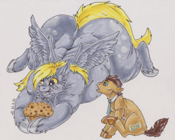 Size: 4092x3270 | Tagged: safe, artist:winter_snow_cat, imported from derpibooru, derpy hooves, doctor whooves, time turner, pegasus, pony, aderpose, background pony, duo, fat, fat fetish, female, fetish, food, huge butt, large butt, larger female, lying down, male, mare, morbidly obese, muffin, obese, simple background, size difference, smaller male, spread wings, that pony sure does love muffins, traditional art, wide hips, wings