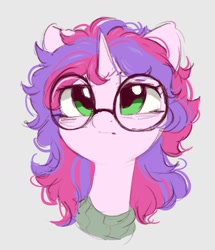 Size: 882x1027 | Tagged: safe, artist:melodylibris, imported from derpibooru, oc, oc only, oc:melody (melodylibris), pony, unicorn, :i, bust, female, glasses, gray background, horn, mare, round glasses, simple background, solo, two toned mane, unicorn oc