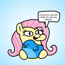 Size: 800x800 | Tagged: safe, artist:fluttershank, imported from derpibooru, fluttershy, bird, pony, blue background, dialogue, eyes closed, hoof hold, logo, meta, open mouth, simple background, smiling, speech bubble, squatpony, twitter, twitter logo