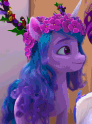 Size: 400x540 | Tagged: safe, imported from derpibooru, screencap, izzy moonbow, zipp storm, pegasus, pony, unicorn, spoiler:g5, spoiler:winter wishday, animated, cropped, cute, female, floral head wreath, flower, g5, gif, izzybetes, mare, my little pony: make your mark, my little pony: make your mark chapter 3, offscreen character, smiling, solo focus, winter wishday