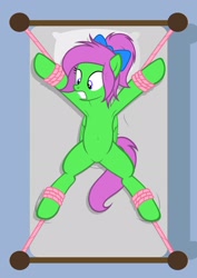 Size: 1536x2166 | Tagged: safe, artist:equestria secret guard, imported from derpibooru, oc, oc only, oc:zippy sparkz, pegasus, pony, armpits, bed, belly button, bondage, featureless crotch, female, helpless, lying down, mare, on bed, pegasus oc, rope, rope bondage, sexy, show accurate, simple background, solo, spread eagle, spread legs, tied to bed, tied up