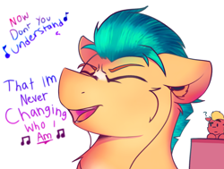 Size: 3930x2965 | Tagged: safe, artist:legionsunite, imported from derpibooru, hitch trailblazer, sprout cloverleaf, earth pony, pony, eyes closed, g5, headphones, imagine dragons, it's time, lyrics, male, question mark, simple background, singing, solo focus, song reference, stallion, text, white background