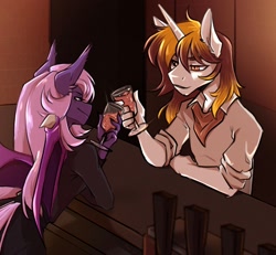 Size: 1590x1472 | Tagged: safe, artist:pixxpal, imported from derpibooru, oc, oc only, oc:lilac night, anthro, bat pony, unicorn, bar, barista, cheers, clothes, cute, drink, duo, female, glass, looking at each other, looking at someone, male, oc x oc, romantic, shipping, smiling, straight, table