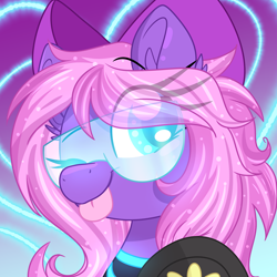 Size: 2000x2000 | Tagged: safe, artist:lbrcloud, imported from derpibooru, oc, oc only, oc:lillybit, pony, ;p, adorkable, bow, commission, cute, dork, gaming headset, glitch techs, headphones, headset, icon, one eye closed, ribbon, solo, tongue out, visor