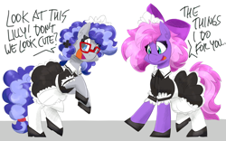 Size: 5600x3500 | Tagged: safe, artist:flutterthrash, imported from derpibooru, oc, oc only, oc:cinnabyte, oc:lillybit, earth pony, pony, bow, cinnabetes, clothes, commission, cute, dork, duo, glasses, hair bow, maid, ribbon, simple background, white background