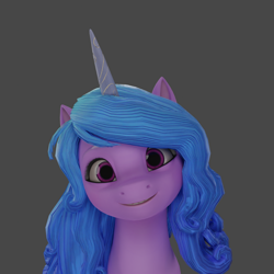 Size: 1920x1920 | Tagged: safe, artist:anthonystt, imported from derpibooru, izzy moonbow, pony, unicorn, 3d, bust, g5, gray background, my little pony: a new generation, simple background, smiling, solo