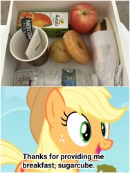 Size: 1500x1999 | Tagged: safe, imported from derpibooru, screencap, applejack, earth pony, pony, apple, arabic, coffee, donut, female, food, happy, juice, mare, muffin, qatar, sandwich, water bottle