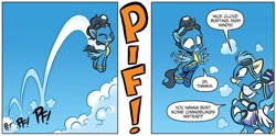 Size: 1334x663 | Tagged: safe, artist:jay fosgitt, idw, imported from derpibooru, fleetfoot, high winds, misty fly, soarin', pegasus, pony, spoiler:comic, spoiler:comicannual2017, spoiler:guardians of harmony, clothes, cloud busting, dialogue, female, g4, goggles, goggles on head, male, mare, onomatopoeia, solo focus, speech bubble, stallion, uniform, wonderbolts uniform