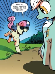 Size: 750x1009 | Tagged: safe, artist:andypriceart, idw, imported from derpibooru, bon bon, lyra heartstrings, sweetie drops, earth pony, pony, unicorn, spoiler:comic, spoiler:comicannual2017, spoiler:guardians of harmony, dialogue, disguise, disguised changeling, duo, female, g4, mare, secret agent sweetie drops, speech bubble, sunglasses