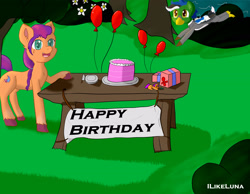 Size: 3423x2662 | Tagged: safe, artist:ilikeluna, imported from derpibooru, sunny starscout, oc, duck pony, earth pony, hybrid, pony, balloon, birthday gift, cake, flower, food, g5, knife, plate, pony hybrid, present, table