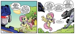 Size: 1334x605 | Tagged: safe, artist:jack lawrence, idw, imported from derpibooru, fluttershy, chipmunk, pegasus, pony, rabbit, spoiler:comic, spoiler:friendship in disguise, spoiler:friendship in disguise03, animal, crossover, decepticon, dialogue, duo focus, female, friendship in disguise, g4, laserbeak, male, mare, ravage, soundwave, transformers