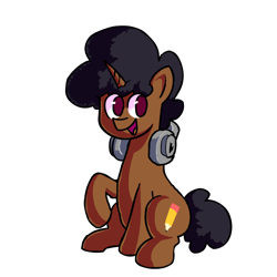 Size: 1200x1200 | Tagged: safe, artist:rainbrony, imported from derpibooru, oc, oc only, pony, unicorn, derpibooru community collaboration, 2023 community collab, headphones, simple background, sitting, solo, transparent background