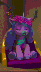 Size: 376x659 | Tagged: safe, imported from derpibooru, screencap, izzy moonbow, pony, unicorn, spoiler:g5, spoiler:winter wishday, animated, cropped, cup, cute, female, floral head wreath, flower, g5, i watch it for the ears, izzybetes, my little pony: make your mark, my little pony: make your mark chapter 3, sleeping, solo, teacup, wake up, winter wishday