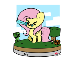 Size: 4433x3711 | Tagged: safe, artist:kittyrosie, imported from derpibooru, fluttershy, pegasus, pony, ><, chest, creeper (minecraft), cute, diamond sword, eyes closed, female, mare, minecraft, mouth hold, shyabetes, simple background, solo, sword, tree, weapon, white background
