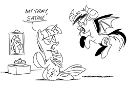 Size: 1071x713 | Tagged: safe, artist:mellodillo, imported from derpibooru, applejack, rainbow dash, twilight sparkle, alicorn, demon, demon pony, earth pony, pegasus, pony, apple, black and white, dialogue, duo, fangs, female, food, forked tongue, grayscale, kneeling, mare, monochrome, not today satan, praying, simple background, tongue out, twilight sparkle (alicorn), white background