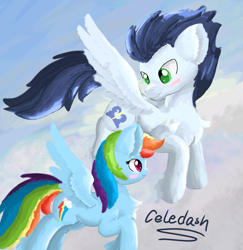 Size: 1215x1249 | Tagged: safe, artist:celedash, imported from derpibooru, rainbow dash, soarin', oc:sunny days, pegasus, blushing, cloud, female, flying, looking at each other, looking at someone, male, mare, shipping, sky, smiling, soarindash, stallion, straight