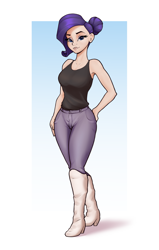 Size: 2257x3553 | Tagged: safe, artist:aquaticvibes, imported from derpibooru, rarity, human, bare shoulders, boots, clothes, denim, female, high heel boots, humanized, jeans, pants, passepartout, shirt, shoes, sleeveless, solo, tanktop