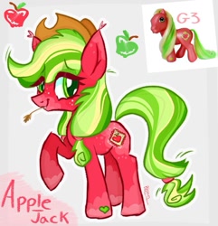 Size: 1033x1071 | Tagged: safe, artist:bloommoonbeam, imported from derpibooru, applejack, applejack (g3), earth pony, pony, apple, applejack's hat, cowboy hat, food, freckles, g3, g3 to g4, g4, generation leap, green eyes, green mane, green tail, hat, red coat, redesign, tail, twitter link, yellow mane, yellow tail