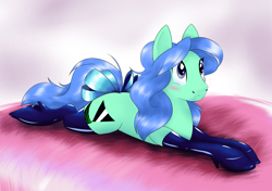 Size: 4096x2876 | Tagged: safe, artist:naivintage, imported from derpibooru, oc, oc:spearmint, earth pony, pony, bed, blushing, boots, bow, centaurworld, clothes, cosplay, costume, crossdressing, cute, latex, latex socks, lying down, shoes, socks, solo, tail, tail bow