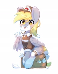 Size: 1590x2048 | Tagged: safe, alternate version, artist:bubbletea, imported from derpibooru, derpy hooves, pegasus, pony, bag, blushing, cap, clothes, cute, derpabetes, female, hat, heart, heart eyes, letter, looking at you, mailmare, mare, mouth hold, simple background, sitting, socks, solo, white background, wing hold, wingding eyes, wings
