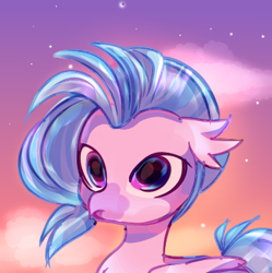 Size: 354x356 | Tagged: artist needed, safe, imported from derpibooru, silverstream, hippogriff, cute, eye reflection, female, folded wings, glowing, pouting, reflection, starry night, stars, wings