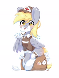 Size: 1568x2048 | Tagged: safe, alternate version, artist:bubbletea, imported from derpibooru, derpy hooves, pegasus, pony, bag, blushing, cap, clothes, cute, derpabetes, female, hat, heart, heart eyes, letter, looking at you, mailmare, mare, mouth hold, simple background, sitting, socks, solo, white background, wing hold, wingding eyes, wings