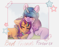 Size: 4108x3298 | Tagged: safe, artist:auroracursed, imported from derpibooru, izzy moonbow, sunny starscout, earth pony, pony, unicorn, best friends, blushing, duo, female, floppy ears, g5, mare, wholesome