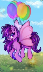 Size: 3000x4996 | Tagged: safe, artist:fluffywhirlpool, imported from derpibooru, oc, oc only, oc:emilia starsong, breezie, pegasus, pony, ball, balloon, breeziefied, butterfly wings, catchlights, chest fluff, cloud, commission, cute, ear fluff, female, floating, flying, full body, grass, grass field, happy, heart, heart eyes, looking at you, mare, open mouth, open smile, pegasus oc, purple eyes, purple mane, purple tail, sky, sky background, smiling, solo, sparkles, species swap, tail, that pony sure does love balloons, then watch her balloons lift her up to the sky, wingding eyes, wings