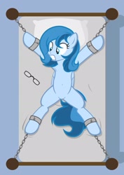 Size: 1536x2166 | Tagged: safe, artist:equestria secret guard, imported from derpibooru, oc, oc only, oc:frozen wings, oc:冰霜之翼, pegasus, pony, armpits, bed, belly button, bondage, chains, chinese, featureless crotch, female, glass, helpless, lying down, mare, on bed, pegasus oc, scared, sexy, simple background, solo, spread eagle, spread legs, spreading, tied to bed, tied up