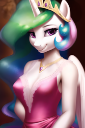 Size: 1536x2304 | Tagged: safe, imported from derpibooru, princess celestia, alicorn, anthro, ai content, ai generated, big breasts, breasts, busty princess celestia, cleavage, clothes, crown, dress, female, generator:stable diffusion, horn, jewelry, looking at you, mare, queen celestia, regalia, smiling, smiling at you, solo, wings