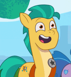 Size: 378x411 | Tagged: safe, imported from derpibooru, screencap, hitch trailblazer, izzy moonbow, earth pony, pony, unicorn, spoiler:g5, spoiler:my little pony: tell your tale, spoiler:tyts01e02, animated, cropped, g5, gif, loop, male, my little pony: tell your tale, nervous laugh, nodding, offscreen character, open mouth, open smile, smiling, solo focus, stallion, zipp's flight school