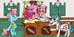 Size: 1263x633 | Tagged: safe, artist:kartaltheartist, imported from derpibooru, cup cake, cupcake (g1), cupcake (g2), cupcake (g4), earth pony, 2017, apron, aunt and niece, baking, bow, bowl, cabinet, clothes, cousins, ear piercing, earring, elderly, female, g1, g1 to g4, g2, g2 to g4, g4, generation leap, hairclip, implied pound cake, implied pumpkin cake, jewelry, mare, mixing bowl, mother and child, mother and daughter, piercing, pregnant, siblings, sisters, sugarcube corner, tail, tail bow