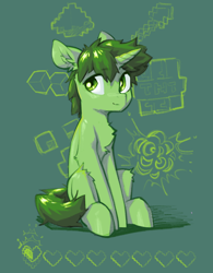 Size: 744x956 | Tagged: safe, artist:blue ink, imported from derpibooru, oc, oc only, oc:nihaicreeper, pony, unicorn, chest fluff, creeper, ear fluff, explosives, green background, green coat, green eyes, green mane, health bars, horn, life bar, looking away, minecraft, ponified, simple background, sitting, solo, tnt, unicorn oc